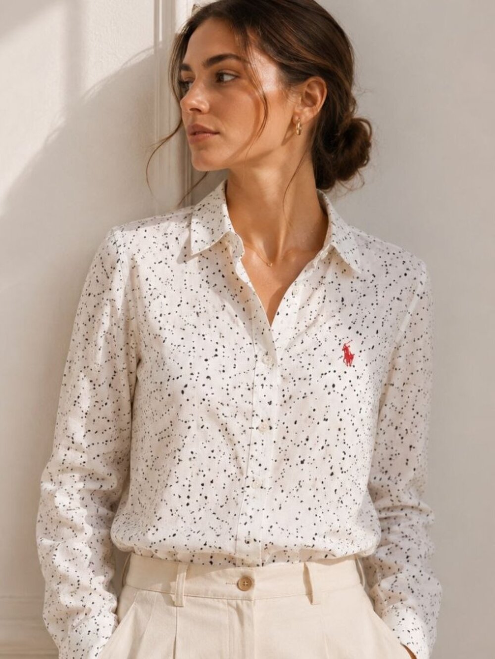 U.S.Polo Assn.Women’s White Shirt with Black Print & Logo Embroidery, 100%Rayon